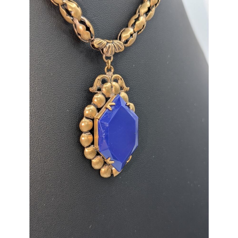VTG/Antique Marked Czech Opaque Blue Pendant Muted Gold Tone Chain 16" Necklace - Picture 4 of 9